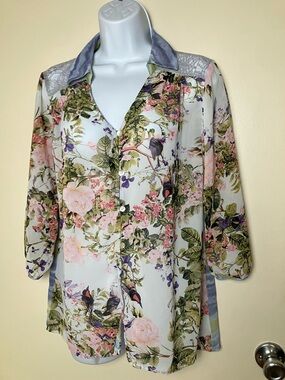 Soft Surroundings Sheer Floral Print Button Down Soft Cottagecore Blouse Medium